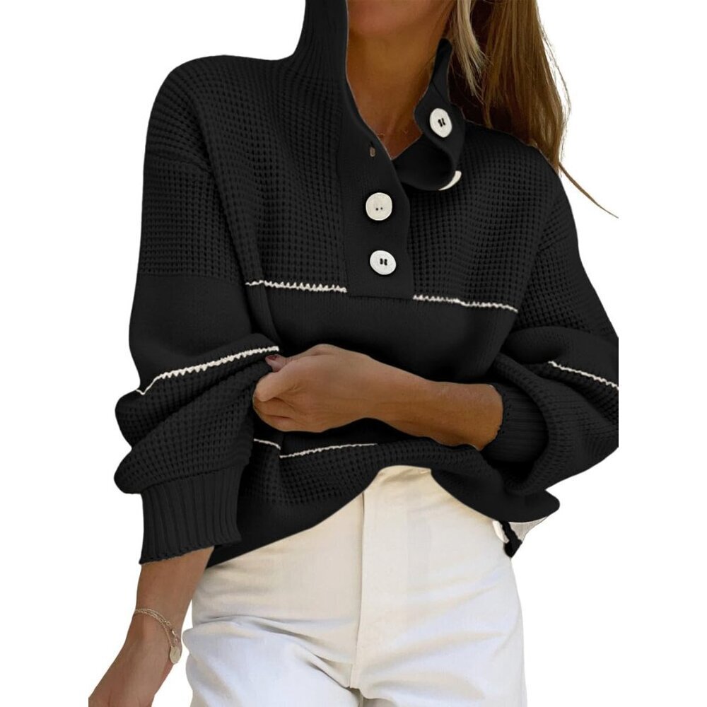 Women's Waffle Knit Sweater Oversized Striped Pullover Turtleneck Casual - Picture 2 of 6